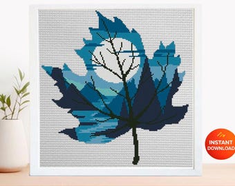 Blue Leaf Cross Stitch Pattern PDF, Moon Night Landscape Embroidery Design, Tree Silhouette Nature Cross Stitch, Modern Forest Art, Download