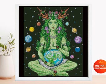 May include: Cross stitch pattern featuring a green figure holding a globe, surrounded by planets and stars. The figure has green hair and is adorned with flowers and antlers. Text on the image reads "PDF PATTERN" and "CROSS STITCH PATTERN".