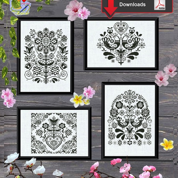 Set Folk flower cross stitch pattern #m507.1 Birds embroidery design, Scandinavian patterns, folk patterns, Polish Folk, kits folk cross pdf