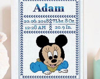 Personalized Baby Name Cross Stitch Pattern PDF, Custom Birth Stats Sampler, Baby Boy Nursery Decor, Minimalist Birth Announcement, Download