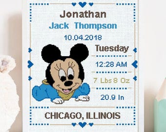 Personalized Baby Birth Announcement Cross Stitch Pattern PDF, Custom Name Birth Stats Embroidery, Baby Boy Nursery Decor, Birth Sampler