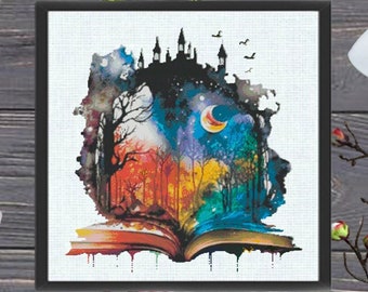 Fantasy cross stitch, Magic Book full coverage cross stitch pattern, embroidery art, room decor, castle cross stitch, moon cross stitch