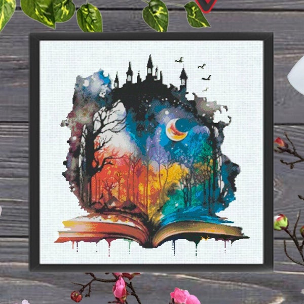 Fantasy cross stitch, Magic Book full coverage cross stitch pattern, embroidery art, room decor, castle cross stitch, moon cross stitch