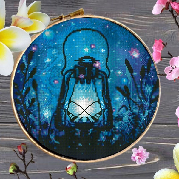 Nature Modern Cross Stitch Pattern, Lantern, easy counted cross stitch chart, fireflies, hoop art, instant download PDF