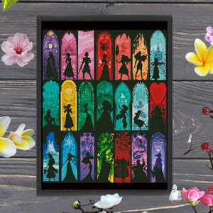 May include: A framed print featuring colorful stained-glass style panels with silhouettes of various characters. The print is surrounded by decorative flowers and foliage, set against a rustic wooden background. The top right corner has text that says "PDF Document Downloads".
