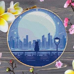 Cat cross stitch pattern #388 Night city Counted Cross Stitch Chart, Sunset, Mountain, River, Tree, Plants, Starry Sky, Nature, Download PDF