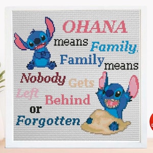 Patrón de punto de cruz "Ohana significa familia" en PDF, diseño de bordado con frase "Amor extraterrestre", bordado con frase "Familia tropical", puntada de texto colorido, años 90