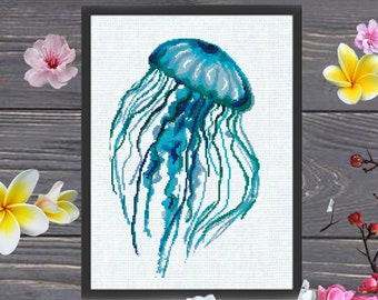 Jellyfish modern Cross Stitch Pattern sea, ocean cross stitch chart, animal cross stitch, nature, hoop art, embroidery Dolphin, counted