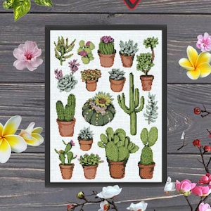 Un ensemble de 17 motifs de point de croix de cactus, croix succulente, croix botanique, point de croix de plante, point de croix moderne, point de croix de terrarium