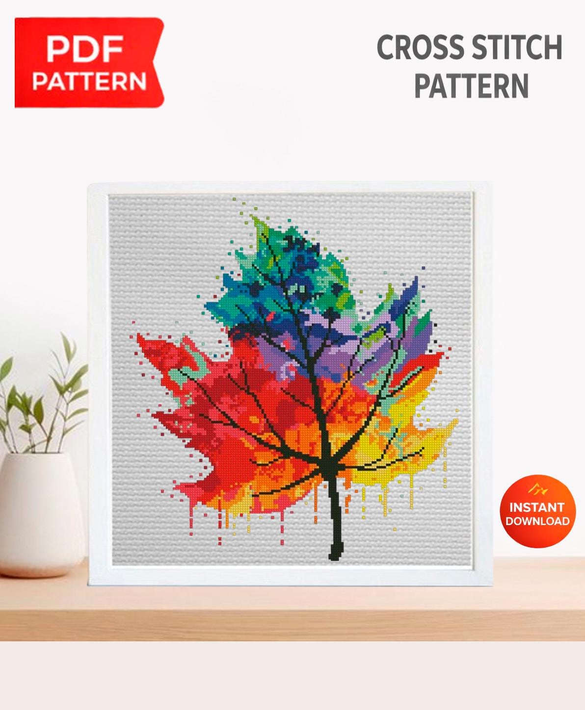 Rainbow Maple Leaf Cross Stitch Pattern PDF, Colorful Autumn Leaf ...