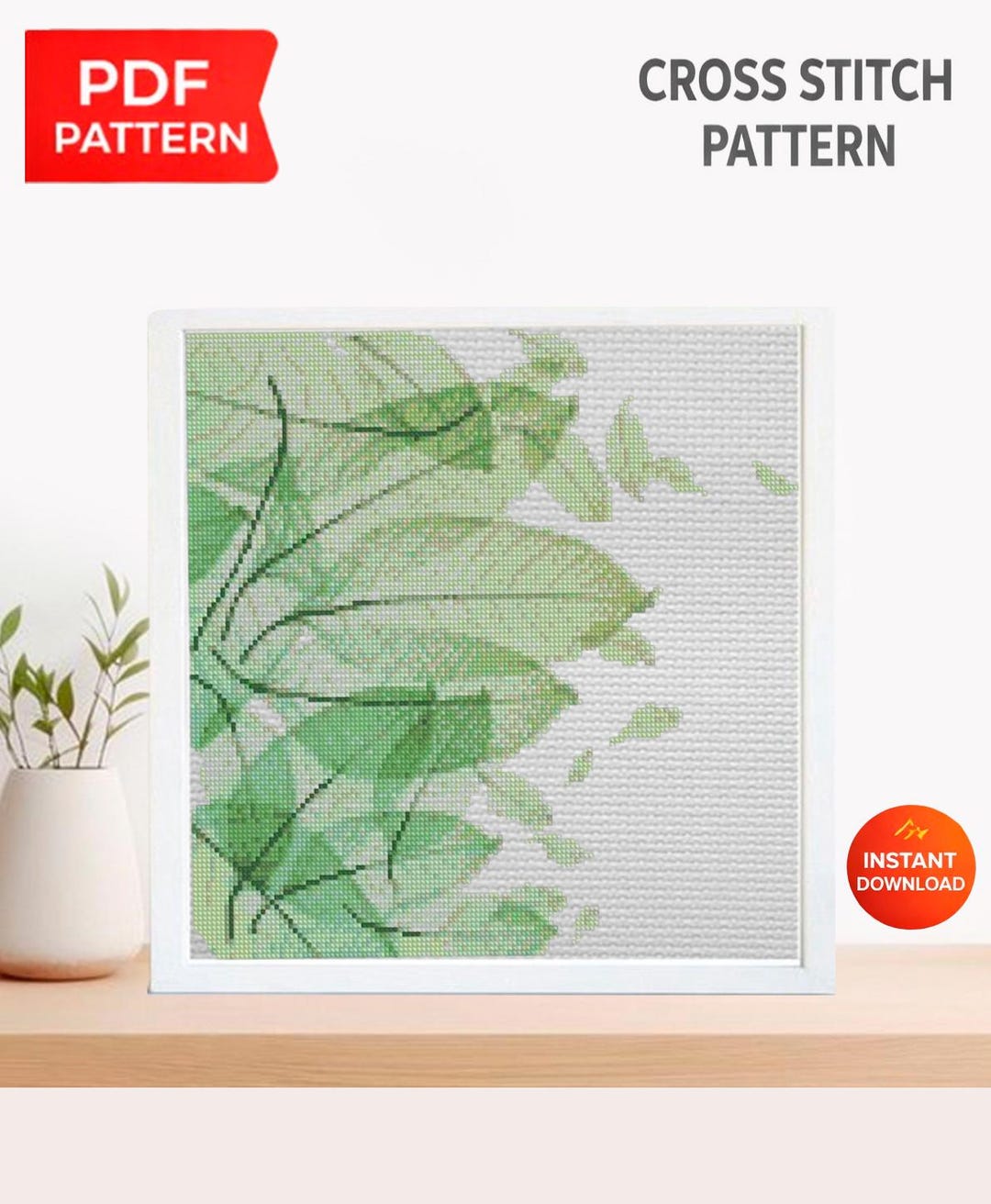 Green Leaves Botanical Cross Stitch Pattern PDF, Modern Minimal Leaf ...
