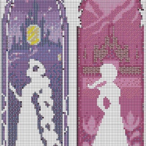 May include: Two cross-stitch patterns featuring a gothic arch design. The left pattern is in shades of purple with a white figure, a moon, and a castle. The right pattern is in shades of pink with a white figure and a castle.