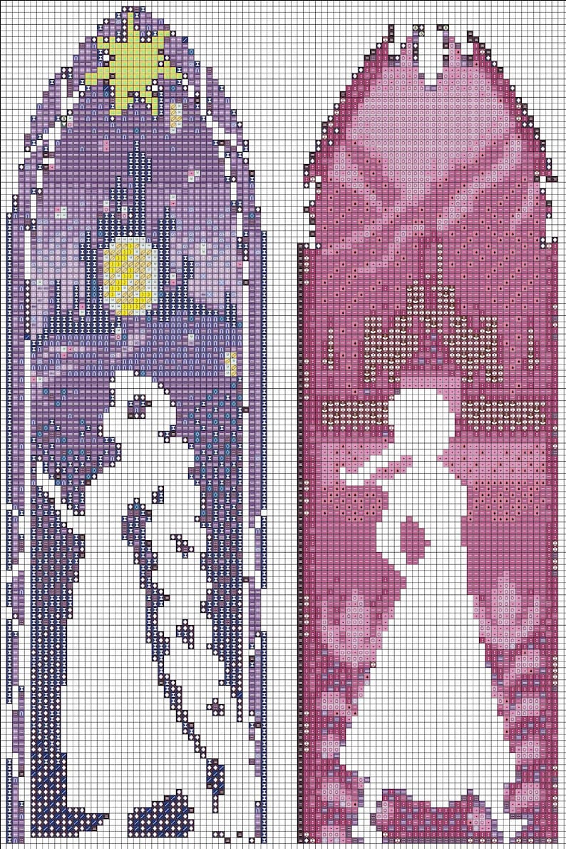 May include: Two cross-stitch patterns featuring a gothic arch design. The left pattern is in shades of purple with a white figure, a moon, and a castle. The right pattern is in shades of pink with a white figure and a castle.