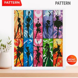 Peut inclure: Un motif de point de croix encadré représentant des silhouettes de personnages dans diverses poses, sur des panneaux verticaux colorés. Les mots "PDF PATTERN" et "CROSS STITCH PATTERN" sont visibles. Une icône "INSTANT DOWNLOAD" est également présente.