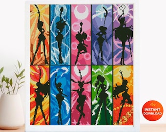 Magical Girl Silhouette Cross Stitch Pattern PDF, Anime Inspired Heroine Set, Colorful Fantasy Warrior Embroidery Design, 90s cartoons