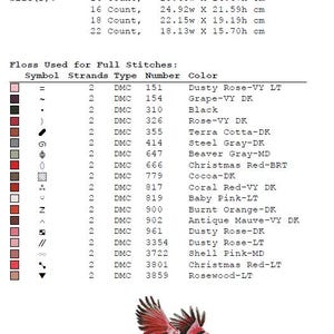 May include: A cross-stitch pattern chart featuring a detailed illustration of a red cardinal bird in flight. The chart includes a color key with DMC floss numbers and color names. The fabric size is 28.48cm x 24.67cm for 14 count.