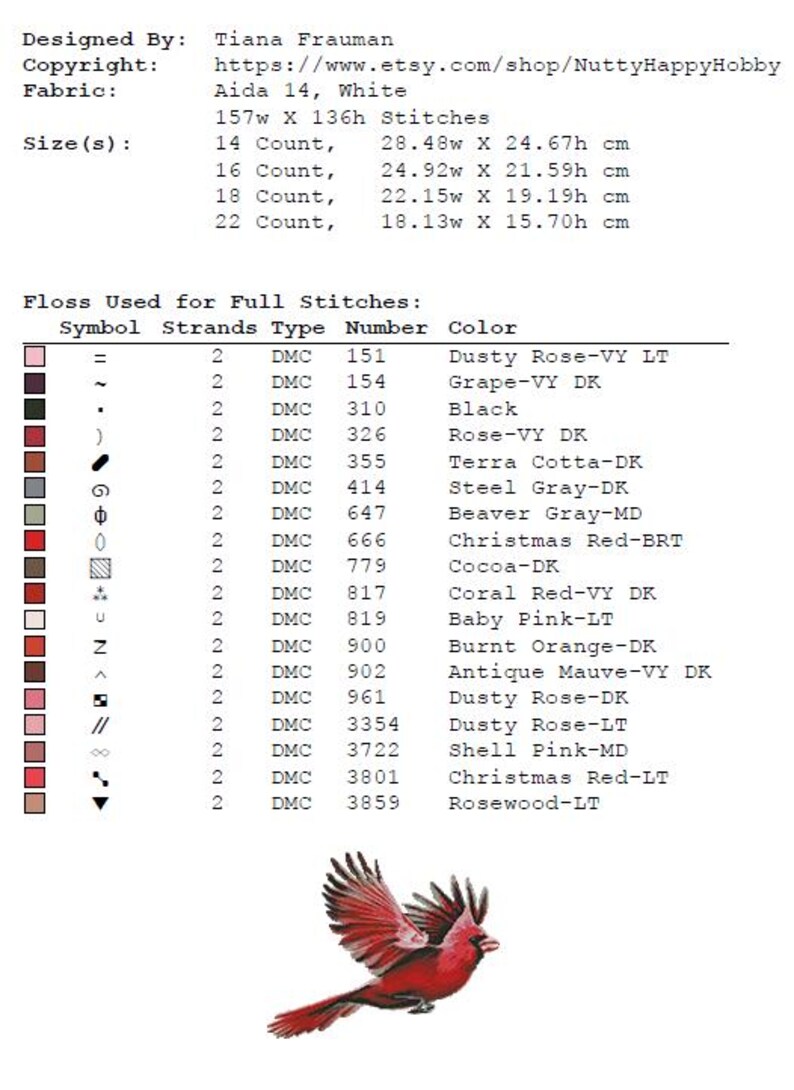 May include: A cross-stitch pattern chart featuring a detailed illustration of a red cardinal bird in flight. The chart includes a color key with DMC floss numbers and color names. The fabric size is 28.48cm x 24.67cm for 14 count.