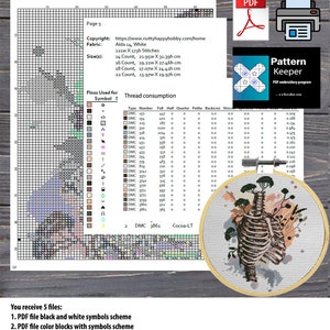 May include: Cross-stitch pattern with a rib cage design in a wooden embroidery hoop. Includes a color symbols scheme, thread consumption chart, and PDF files for printing. The finished embroidery is approximately 17.07w X 24.41h cm.