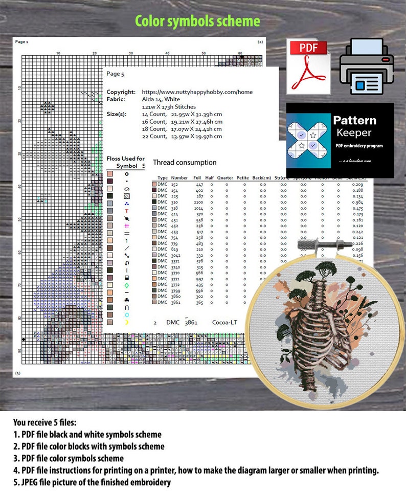 May include: Cross-stitch pattern with a rib cage design in a wooden embroidery hoop. Includes a color symbols scheme, thread consumption chart, and PDF files for printing. The finished embroidery is approximately 17.07w X 24.41h cm.