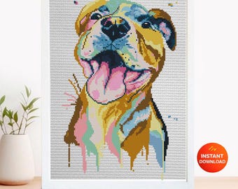 Pit Bull Cross Stitch Pattern PDF, Pitbull Dog Portrait Embroidery Design, Modern Dog Needlework Chart, Pet Lover Gift, download pdf