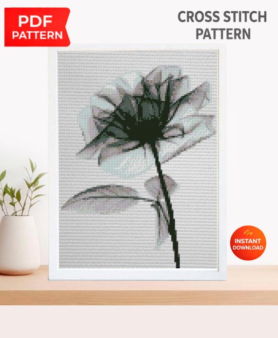 Black Rose Cross Stitch Pattern PDF, Monochrome Flower Embroidery Chart, Gothic Botanical Wall Art, Modern Minimalist, Instant Download pdf