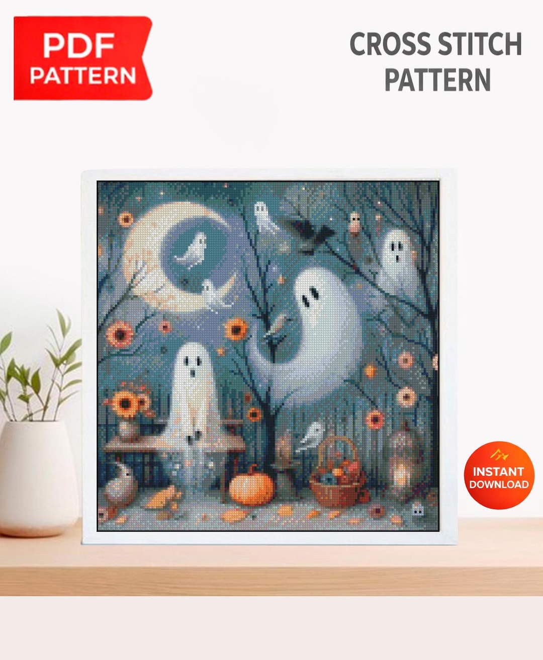 Cute Ghost Cross Stitch Pattern PDF, Halloween Ghost Embroidery Design ...