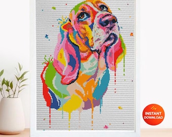Basset Hound Cross Stitch Pattern PDF, Colorful Basset Dog Embroidery Design, Modern Dog Portrait Needlework Chart, Dog Lover Gift, download