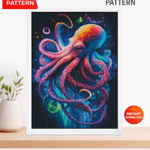 May include: A framed cross-stitch pattern featuring a vibrant octopus in shades of orange, pink, and blue against a dark background. The artwork is labeled "PDF PATTERN" and "CROSS STITCH PATTERN" with an "INSTANT DOWNLOAD" badge.