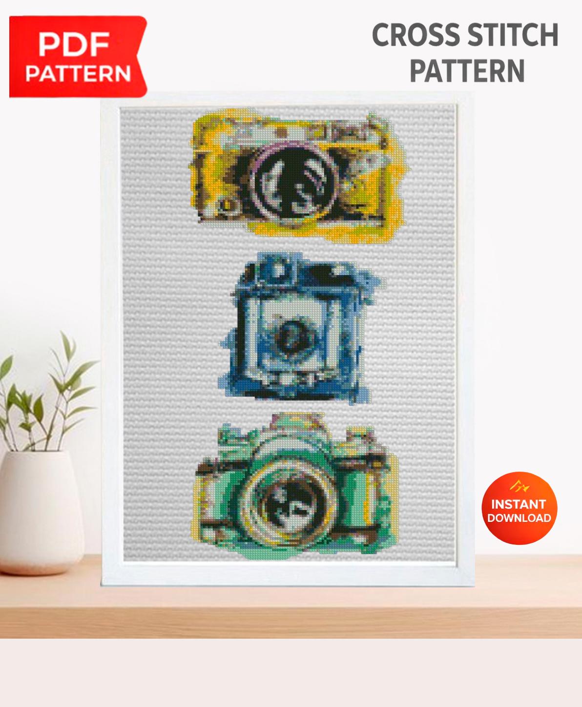 Thread Stitching Card Camera Vintage Camera Cross Stitch Pattern Set PDF, Retro Camera Embroidery ...