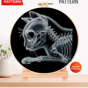 Kreuzstichmuster „Röntgenkatze“ (PDF), Stickvorlage für ein anatomisches Katzenskelett, Tiermotiv, gotische Tierstickerei, Sofort-Download