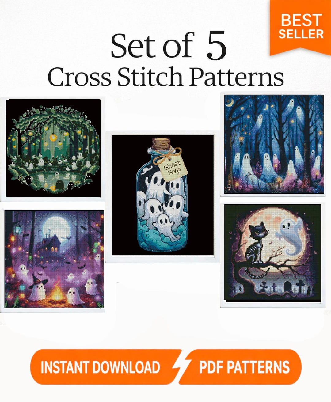 Ghost Cross Stitch Pattern Set of 5, Halloween Cute Ghost PDF Bundle ...