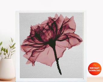 May include: A cross stitch pattern featuring a single, large, translucent-looking flower with dark, deep red petals and a prominent black stem, set against a light gray grid background, labeled PDF PATTERN and CROSS STITCH PATTERN.
