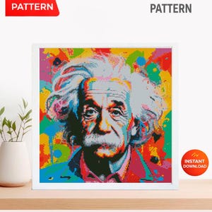 Patrón de punto de cruz pop art de Albert Einstein en PDF, diseño de bordado de retrato de científico colorido, arte mural intelectual moderno, descarga