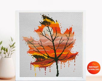 Rainbow Maple Leaf Cross Stitch Pattern PDF, Colorful Autumn Leaf ...