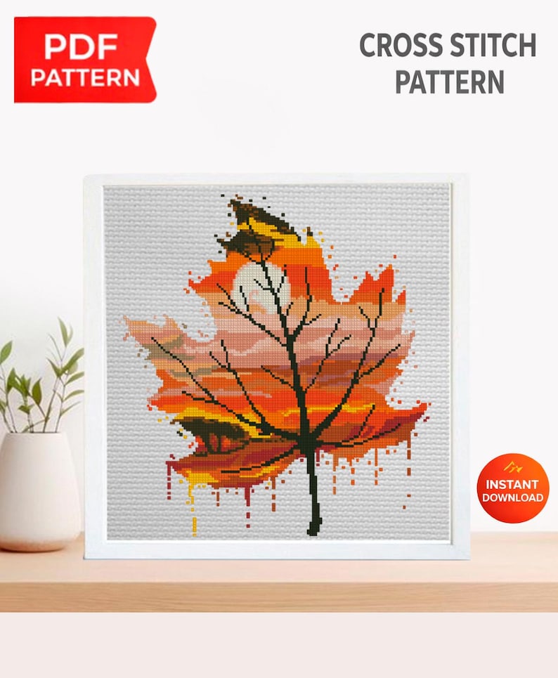 Maple Leaf Cross Stitch Pattern PDF, Autumn Maple Leaf Embroidery ...