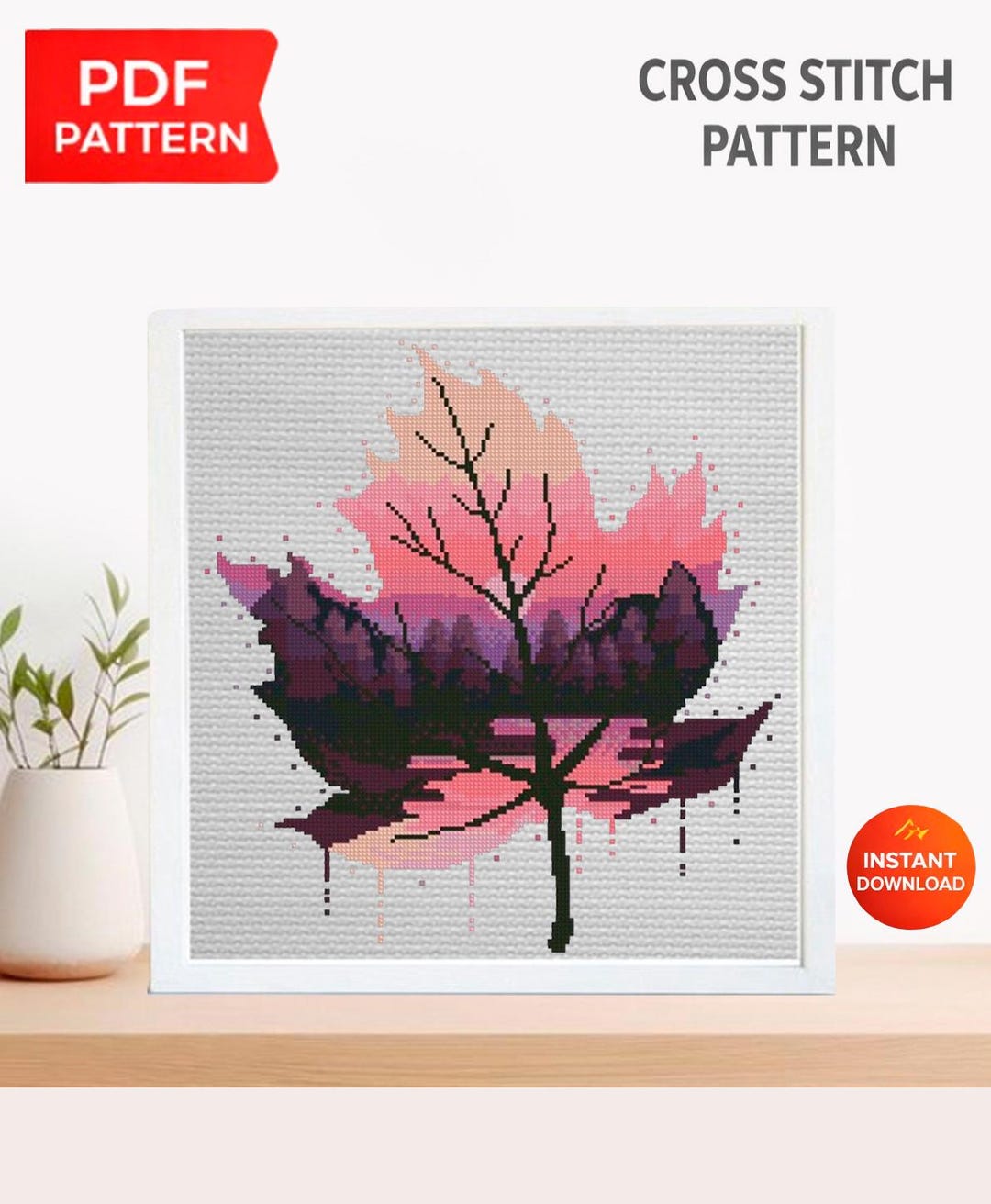 Pink Leaf Cross Stitch Pattern PDF, Mountain Landscape Leaf Embroidery ...