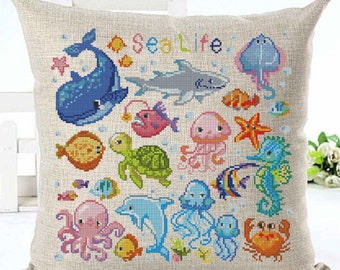 SET Sea life point de croix bébé, enfants #m347 animaux marins, poulpe, baleine, poisson, requin, tortue, dauphin, méduse, crabe, broderie