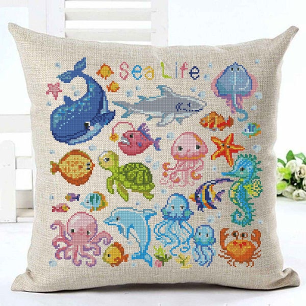SET Sea life cross stitch baby, kids #m347 marine animals, octopus, whale, fish, shark, turtle, dolphin, jellyfish, crab, embroidery