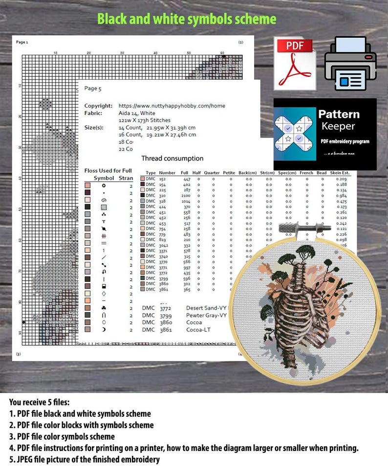 May include: A cross-stitch pattern chart with the title "Black and white symbols scheme." The chart includes thread consumption details, fabric size, and a finished embroidery image of a skeleton. The chart is 21.95cm wide and 31.39cm high.