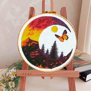 Mond, Natur Kreuzstichmuster Nr. 385 Landschafts-Kreuzstichmuster, Sonnenuntergang, Berg, Fluss, Baum, Pflanzen, Sternenhimmel, PDF herunterladen