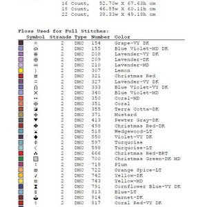 May include: Page from a cross-stitch pattern with detailed color and symbol keys. Includes fabric size information in centimeters and a list of DMC floss colors with corresponding numbers and names. Designed by Frauman Tiana.