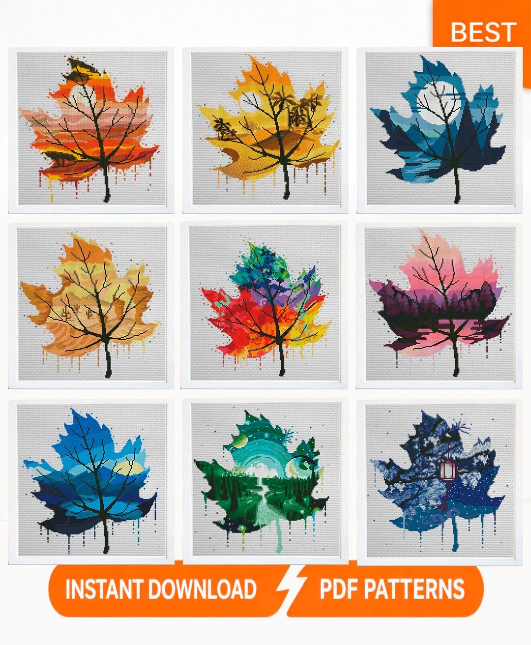 Leaf Cross Stitch Patterns PDF Bundle, Watercolor Autumn Leaves ...