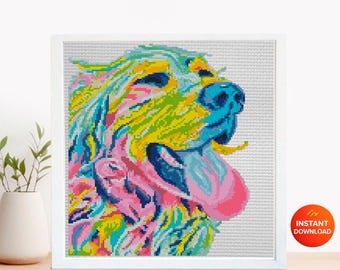 Golden Retriever Cross Stitch Pattern PDF, Colorful Golden Retriever Dog Portrait Embroidery Design, Modern Dog Needlework Chart, Dog Lover