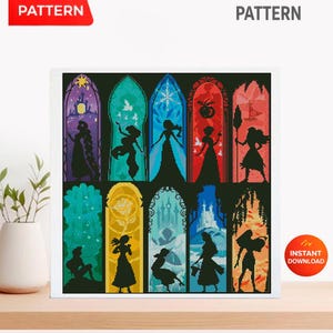 May include: A cross-stitch PDF pattern featuring silhouettes of various princesses in stained-glass window designs. The pattern includes the text "PDF PATTERN" and "CROSS STITCH PATTERN". The image is framed in white and set on a wooden surface.
