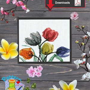 Schema punto croce Tulipano bianco e nero, Decorazione da parete, Raggi X di fiori, Natura Bosco, Punto croce Fiori di campo, Punto croce monocromatico nero moderno