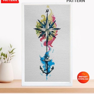 Puede incluir: Patrón de punto de cruz con un diseño náutico que presenta una rosa de los vientos, un ancla y acentos coloridos. Se ven las palabras "CROSS STITCH PATTERN" y "PDF PATTERN". La imagen está enmarcada en blanco y tiene un botón de "INSTANT DOWNLOAD".