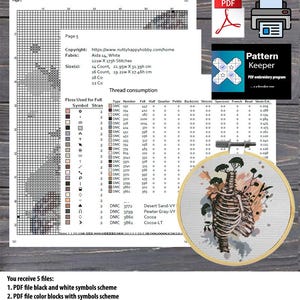 May include: A cross-stitch pattern document featuring a black and white symbol grid, thread consumption table, and DMC color list. A circular wooden embroidery hoop displays the finished design of a human ribcage intertwined with trees and foliage.