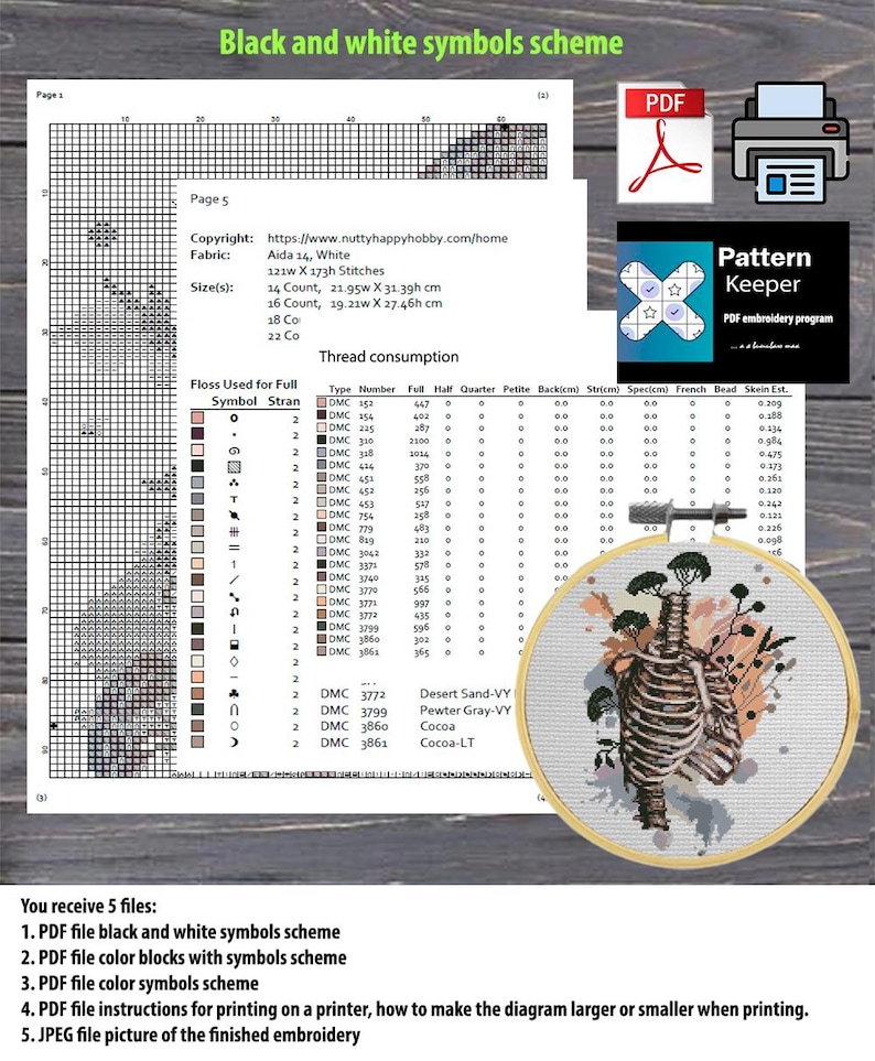 May include: A cross-stitch pattern document featuring a black and white symbol grid, thread consumption table, and DMC color list. A circular wooden embroidery hoop displays the finished design of a human ribcage intertwined with trees and foliage.