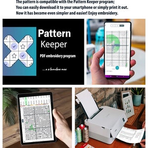 May include: Image showcasing the Pattern Keeper PDF embroidery program. The image includes a smartphone and tablet displaying cross-stitch patterns, a printer, and spools of thread. Text on the image reads: "The pattern is compatible with the Pattern Keeper program."