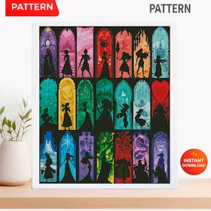 May include: A framed cross-stitch pattern featuring colorful stained-glass window designs. Each window showcases a silhouette of a character. The words "PDF PATTERN" and "CROSS STITCH PATTERN" are visible. An "INSTANT DOWNLOAD" icon is also present.